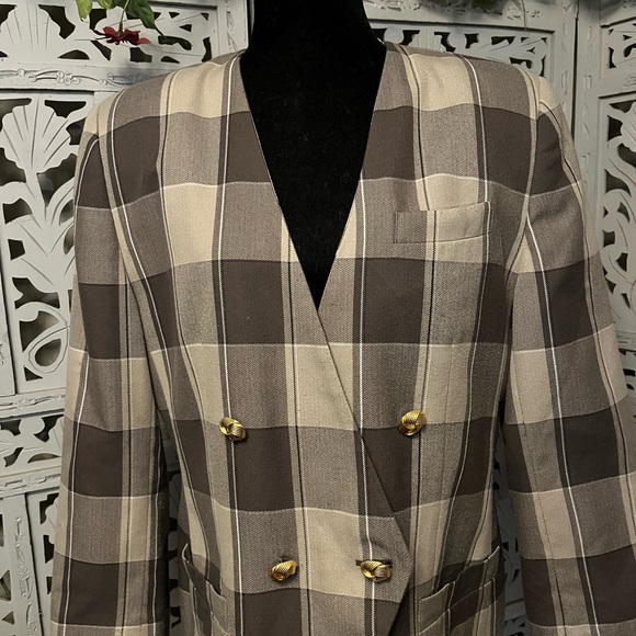 VINTAGE EXECUTIVE COLLECTION PLAID SHADES OF TAN LONG SLEEVE JACKET BLAZER - Picture 2 of 10